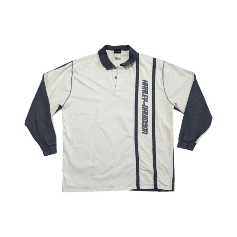 Y2K Harley Davidson Long Sleeve Logo Henley Shirt Pullover Cream Gray Rugby Top